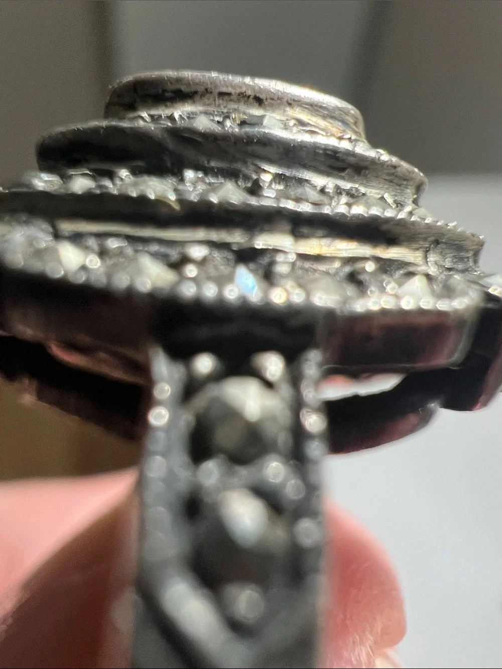 Unique Silver- Tone Black Marcasite Stones in an Oval Cluster Ring Vintage